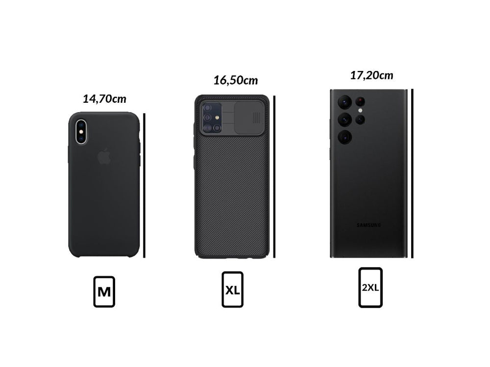 Choisissez votre taille de pochette en fonction de la taille de votre téléphone avec la coque : votre smartphone fait moins de 14,70 cm ? Prenez la taille M. Entre 14,70 cm et 16,50 cm ? Choisissez la taille XL. Plus de 16,50 cm et jusqu'à 17,20 cm ? Prenez la taille 2XL.